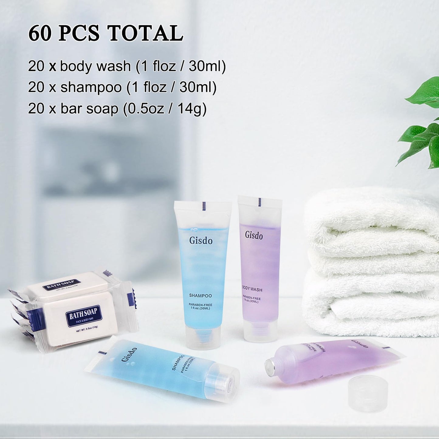 Hotel Soaps and Toiletries Bulk Set, Hotel Toiletries (60 Pcs) 3-Piece Set: 20 Hotel Bar Soap 0.5oz, 20 Hotel Shampoo, 20 Body Wash Travel Size - Bulk Mini Guest Toiletries, Hotel Amenities