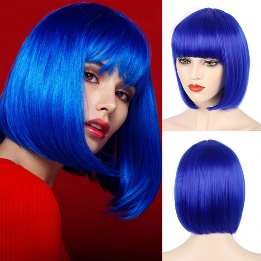 MOSINA Blue Bob Wig - Short Blue Straight Bob Wigs with Bangs for Women, Colorful Short Hair Wig, Cute Synthetic Wig for Cosplay, Daily, Halloween (12inch)…