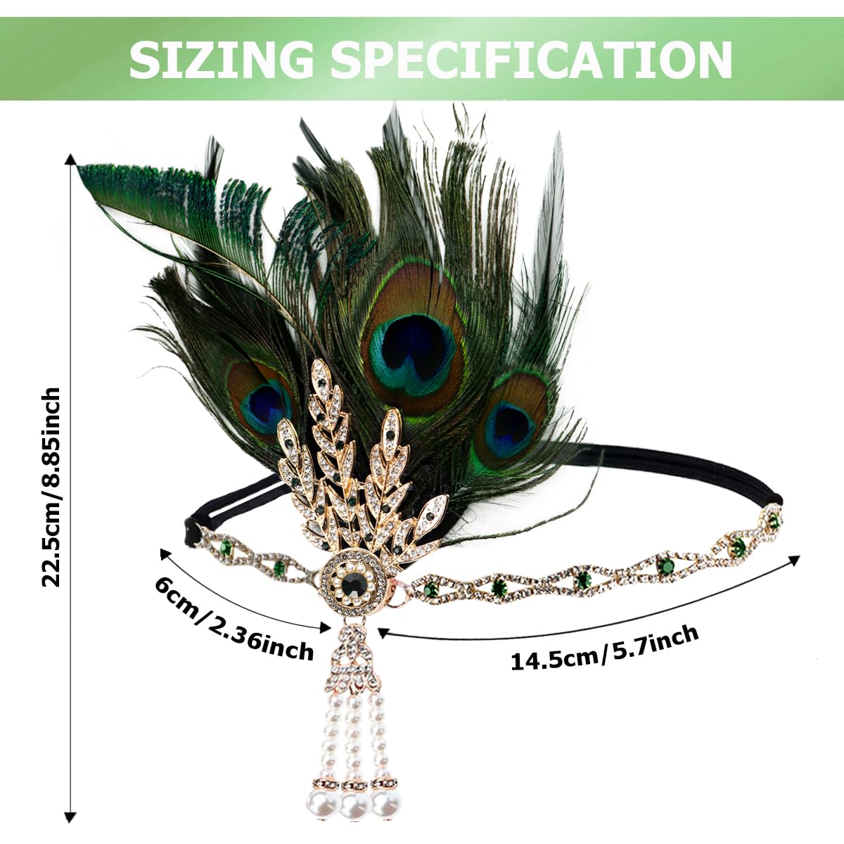 FERCAISH 1920s Flapper Headband, Roaring 20s Feather Crystal Headband Bachelor Party Feather Headband, Great Hair Accessories for Women(Green)