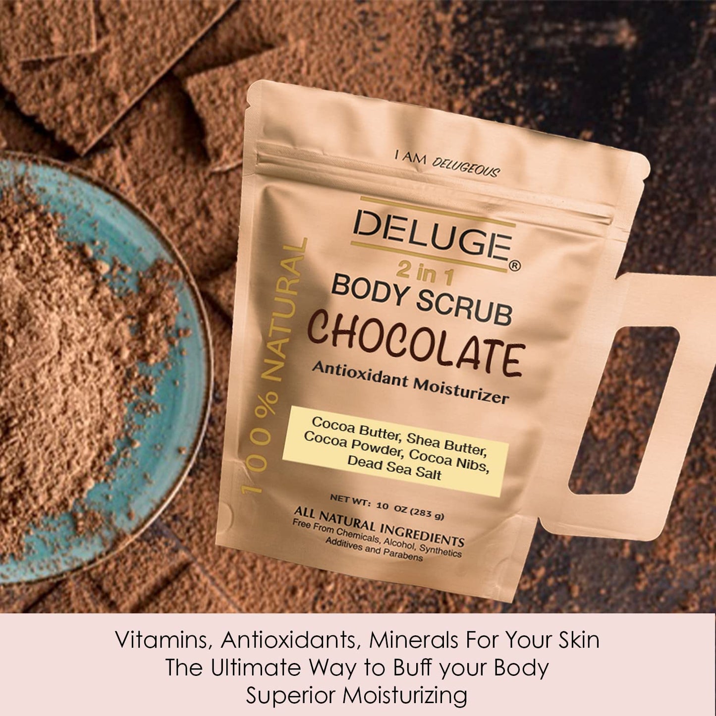 Deluge Chocolate Scrub for Cellulite and Stretch Marks, Body Exfoliant and Hydrating Cellulite Treatment with Shea Butter, Coconut Oil and Dead Sea Salt Firms, Tones and Moisturizes Skin (10 oz)