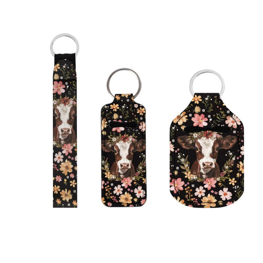 Suobstales Cow Floral Print Chapstick Holder 1 Keychain Wristlet Lanyards 1 Mini Bottle Keychain Holder, Neoprene Travel Bottle Keychain Holders Set of 3