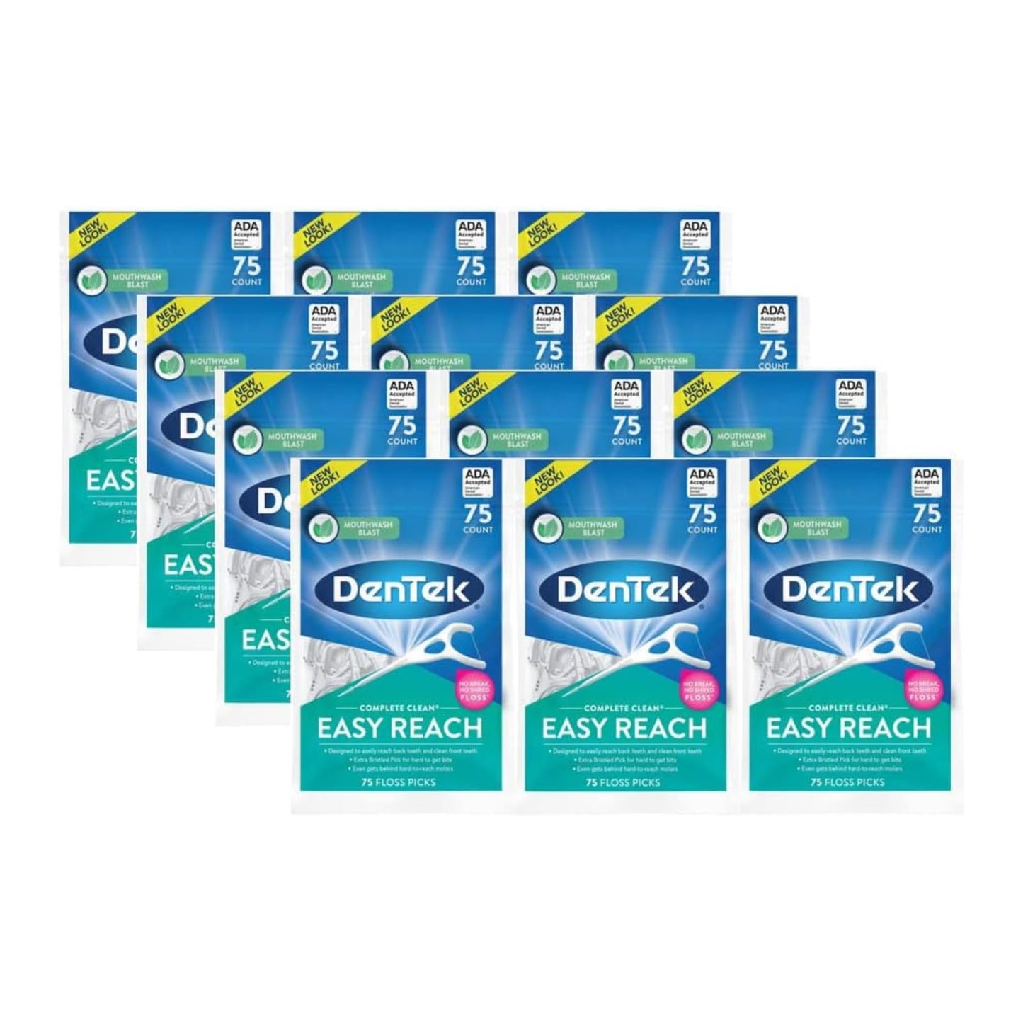 DenTek Complete Clean Easy Reach Floss Picks, No Break & No Shred Floss, 75 Count (Pack of 12)