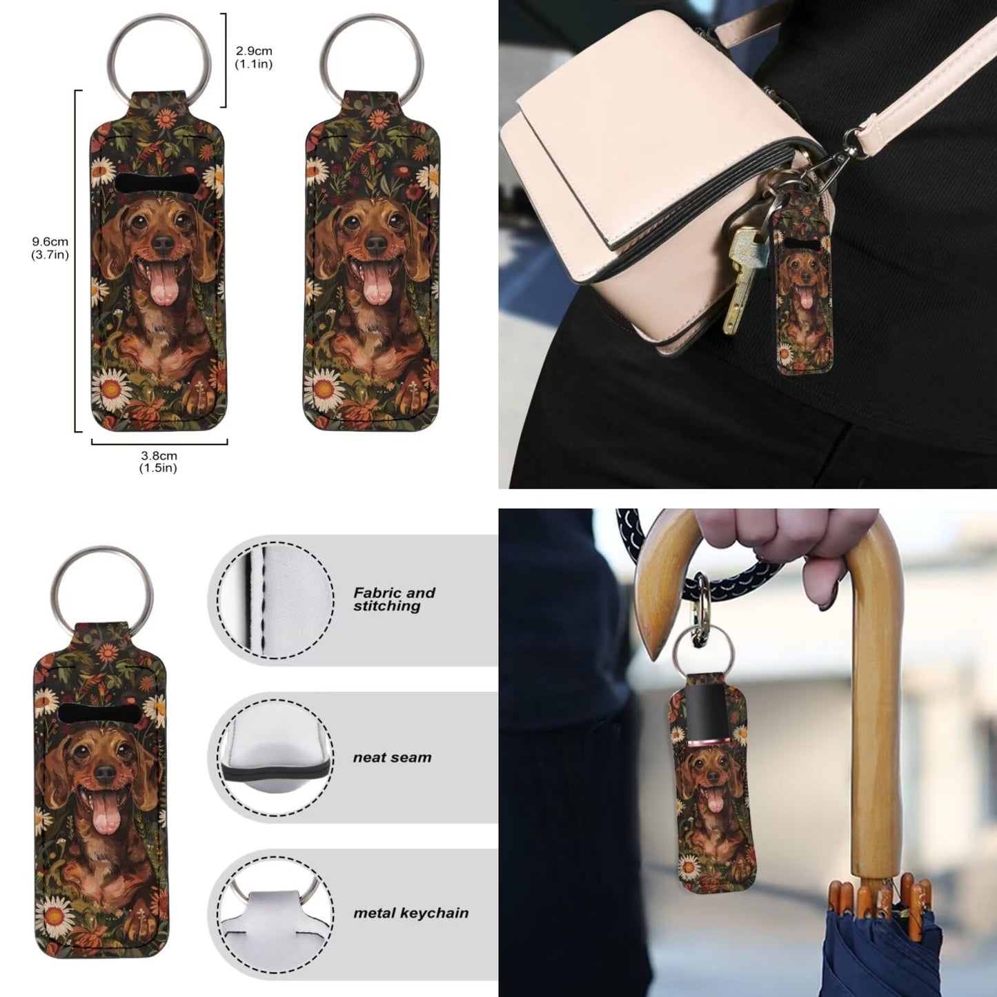 Suobstales Dachshund Daisy Print Chapstick Holder 1 Keychain Wristlet Lanyards 1 Mini Bottle Keychain Holder, Neoprene Travel Bottle Keychain Holders Set of 3