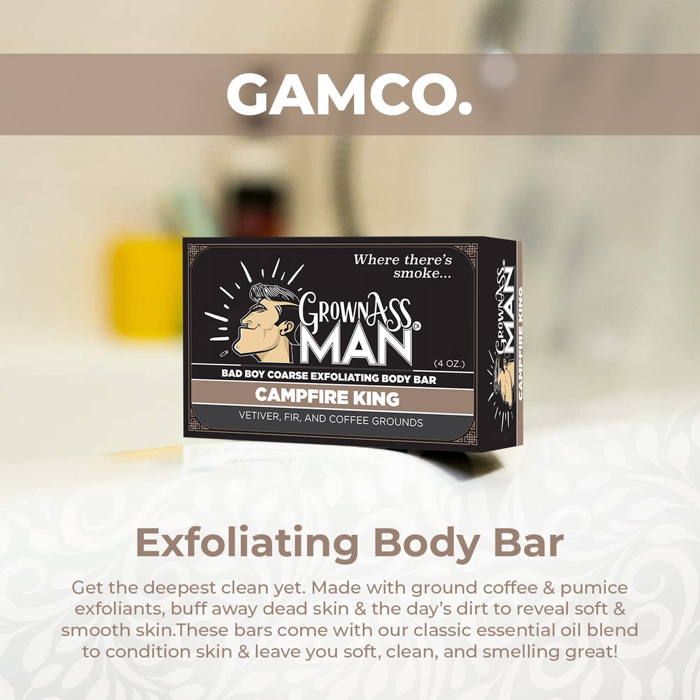 Grown Ass Man Co. Exfoliating Body Bars - Solid Soap with Natural Oils & Gentle Scrub - Plastic Free & Eco-Friendly, Natural & Organic for All Skin, 4oz Bar - Campfire King - Coarse Exfoliant, 6-Pack