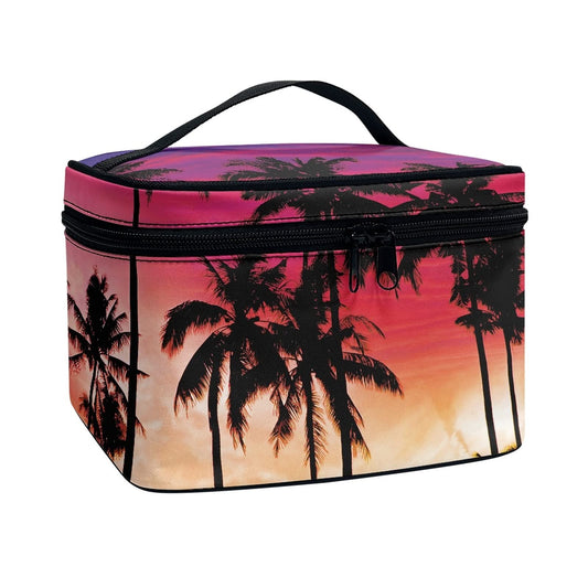 Horeset Palm Tree Print Novelty Women's Cosmetic Bag Waterproof Portable Bag Two-Way Zipper with 5 Brush Slots and 1 Band