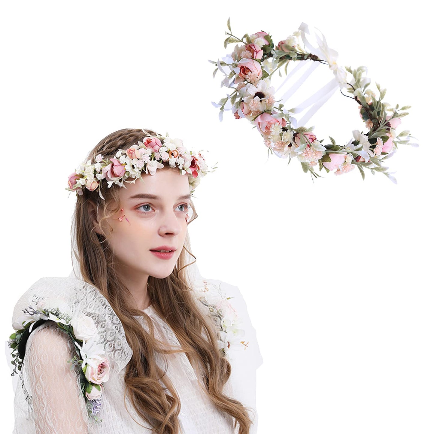 Lopsity Women Rose Floral Flower Crown Headband Rose Halo Wreath Wedding Bridal Hair Garland Ajustable Flower Hair Wreath (style2-pink)