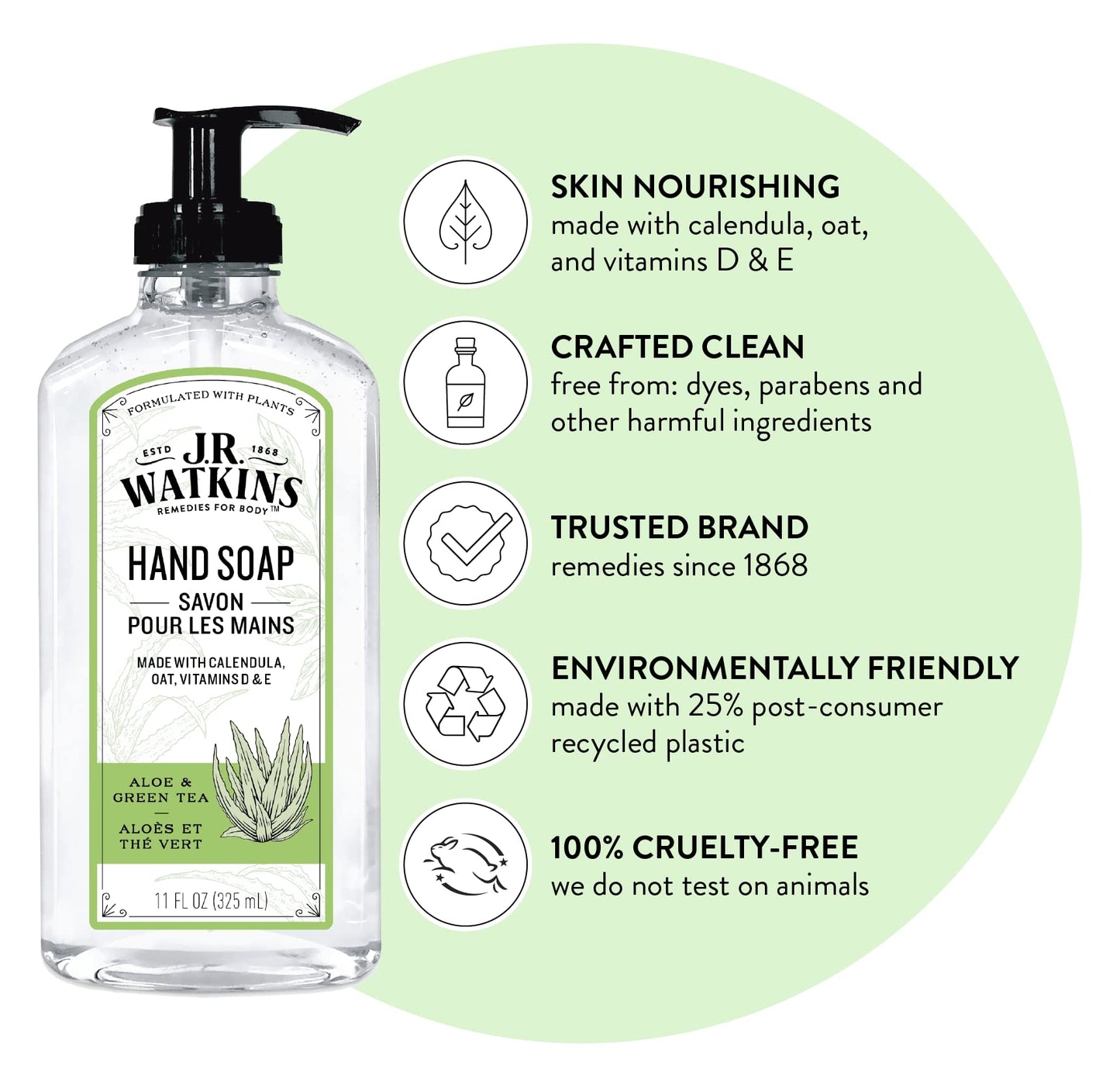 J.R. Watkins Liquid Hand Soap With Dispenser, Moisturizing Hand Soap, Alcohol-Free Hand Wash, Cruelty-Free, Liquid Soap For Bathroom or Kitchen, Aloe & Green Tea, 11 Fl Oz, 3 Pack