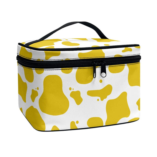 Horeset Yellow Cow Print Women's Makeup Bag Travel Portable Bag with Handle High-Capacity Shoulder Bag with Inside Pocket