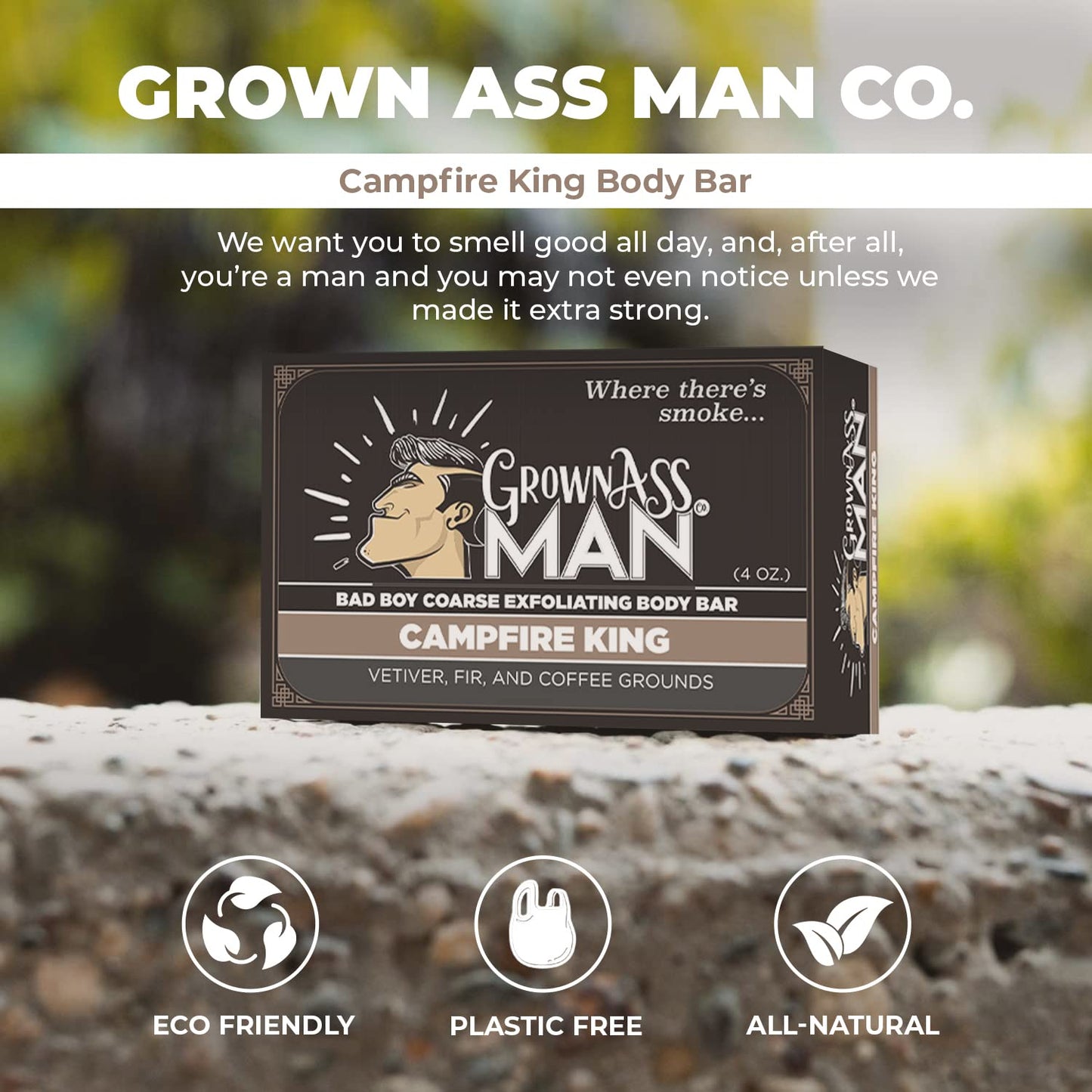 Grown Ass Man Co. Exfoliating Body Bars - Solid Soap with Natural Oils & Gentle Scrub - Plastic Free & Eco-Friendly, Natural & Organic for All Skin, 4oz Bar - Campfire King - Coarse Exfoliant, 6-Pack