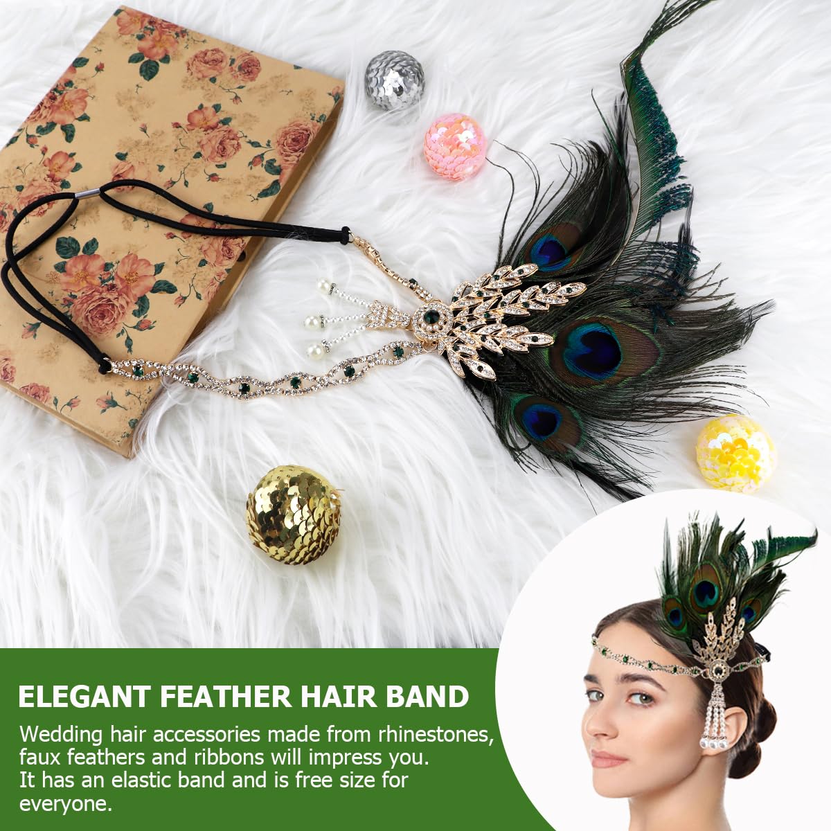 FERCAISH 1920s Flapper Headband, Roaring 20s Feather Crystal Headband Bachelor Party Feather Headband, Great Hair Accessories for Women(Green)