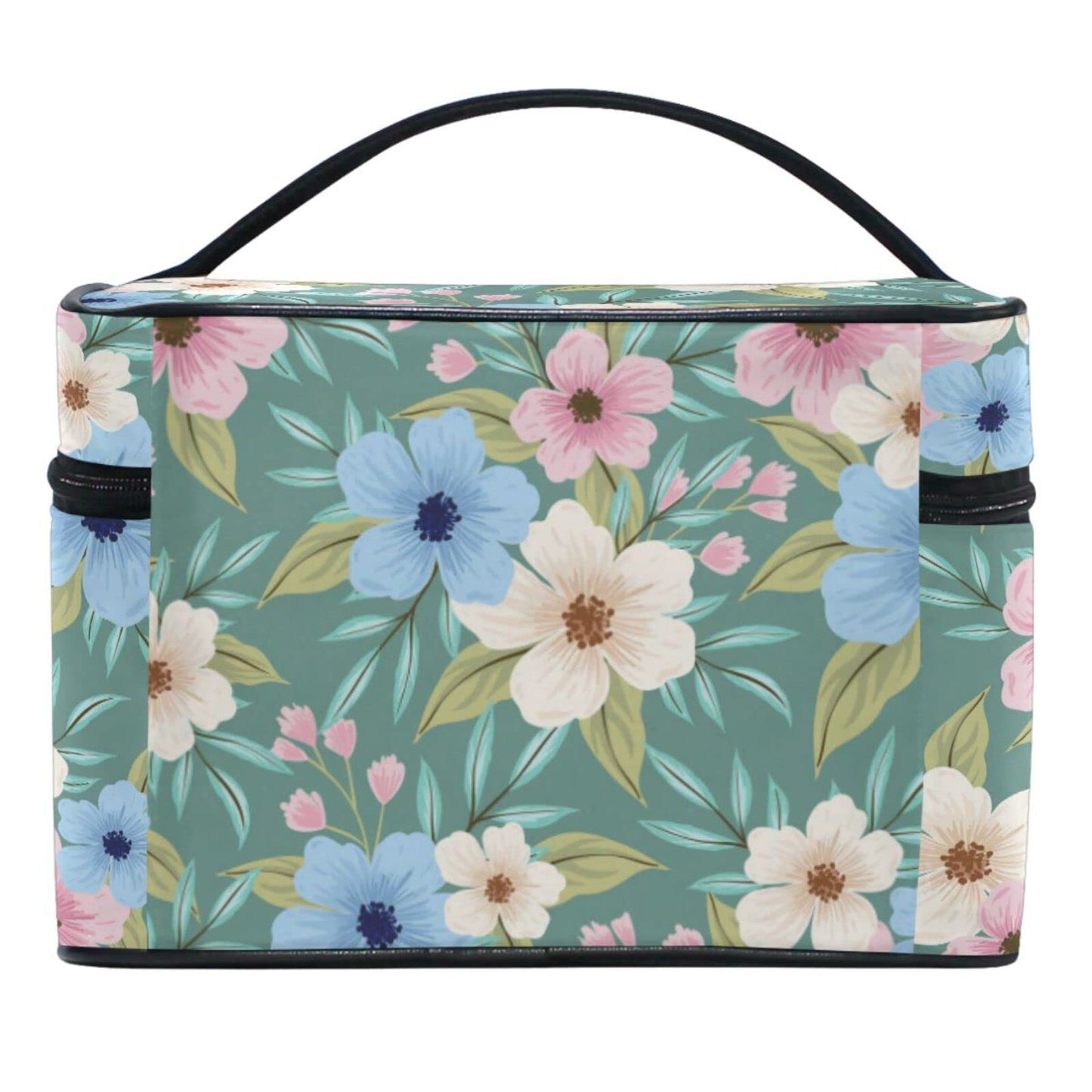 ZOEO Makeup Train Case Elegant Floral Tropical Green Light Summer Gold Korean Carrying Portable Zip Travel Cosmetic Brush Bag Organizer Large for Girls Women