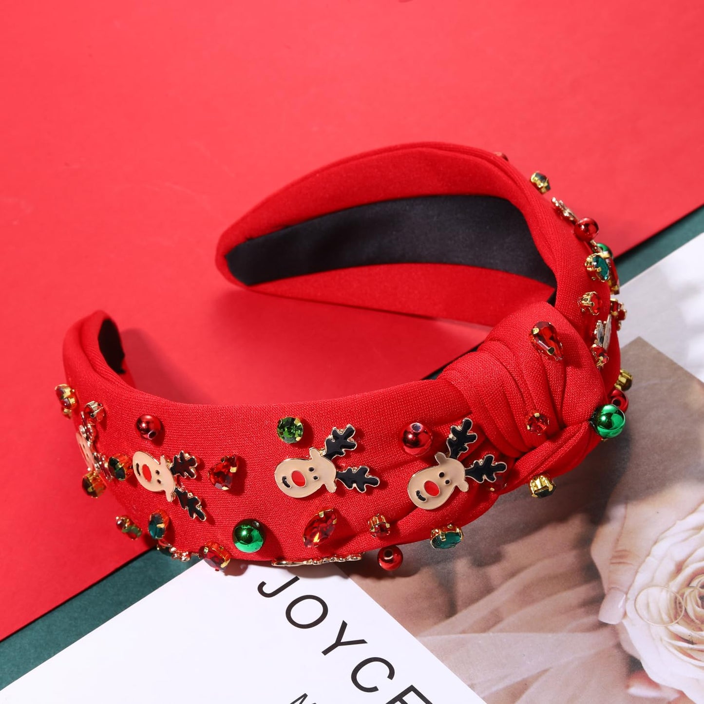 NVENF Christmas Headband for Women Jeweled Xmas Plaid Headband Embellished Crystal Pearl Knotted Headbands Wide Top Knot Holiday Headband Christmas Hair Accessories Holiday Outfits Gifts (Reindeer 2)