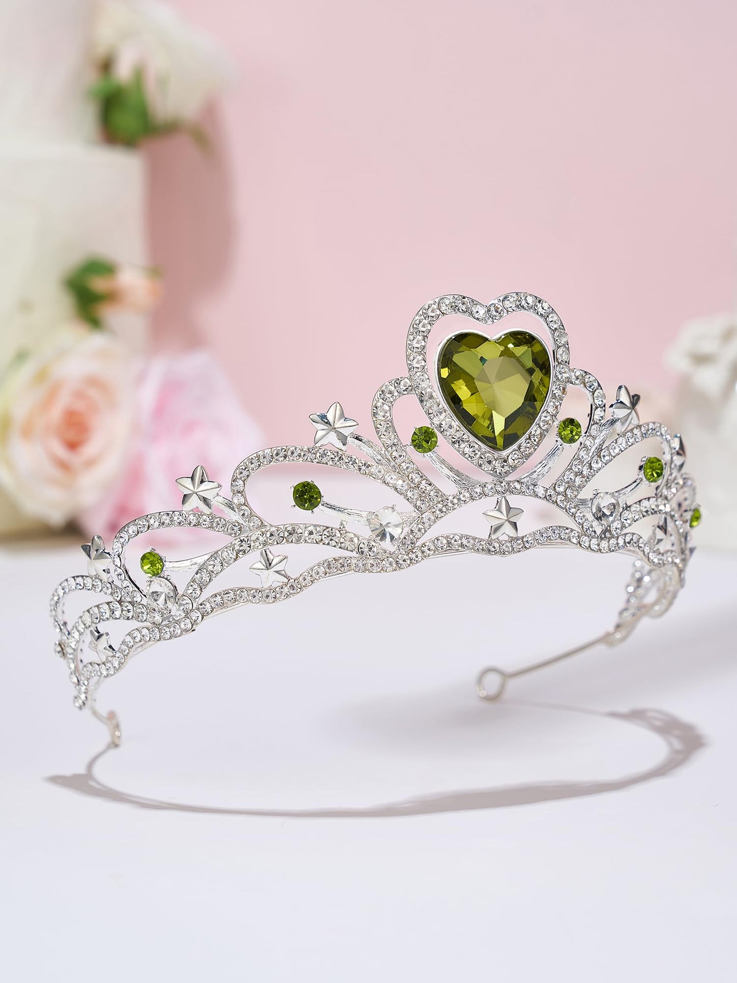 SWEETV Birthday Crowns for Women Girls Birthstone Heart Princess Tiara Silver Wedding Headband for Birth Day Party Photograph, Aug