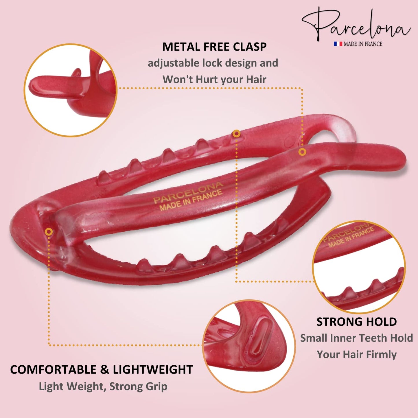 Parcelona French Plain Oval Small Celluloid Metal Free Hair Barrette Clips Women Hair Accessories, Made in France (Glossy Red)