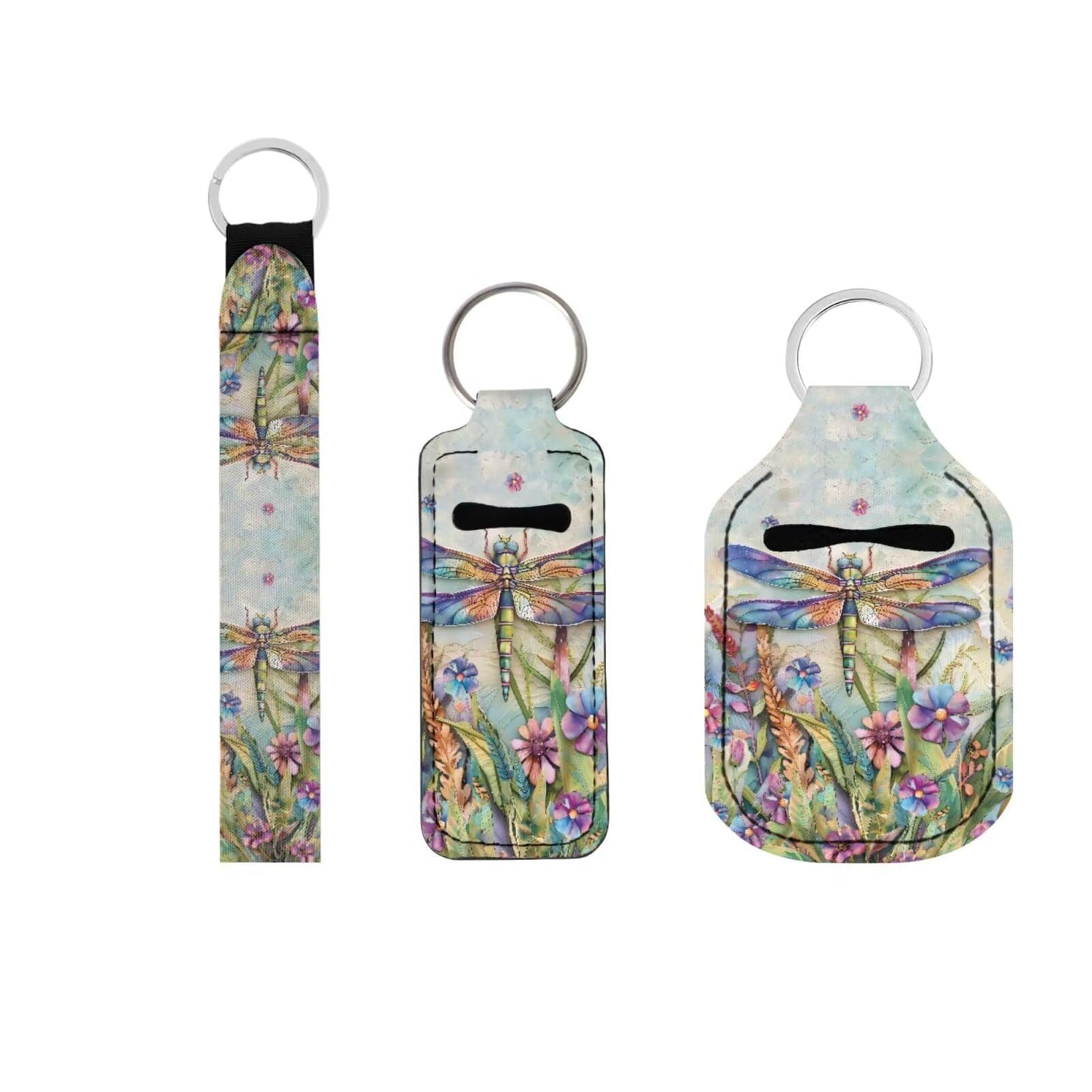 Suobstales Dragonfly Floral Print Chapstick Holder 1 Keychain Wristlet Lanyards 1 Mini Bottle Keychain Holder, Neoprene Travel Bottle Keychain Holders Set of 3