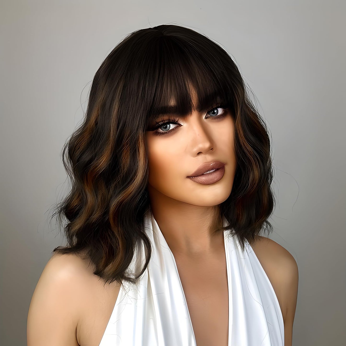 MOSINA Bob wig with Bangs for Women,Black mixed with dark brown Wig,14" synthetic bob wigs,Heat Resistant Fiber Wig,Suitable for work, parties and other occasions Use……