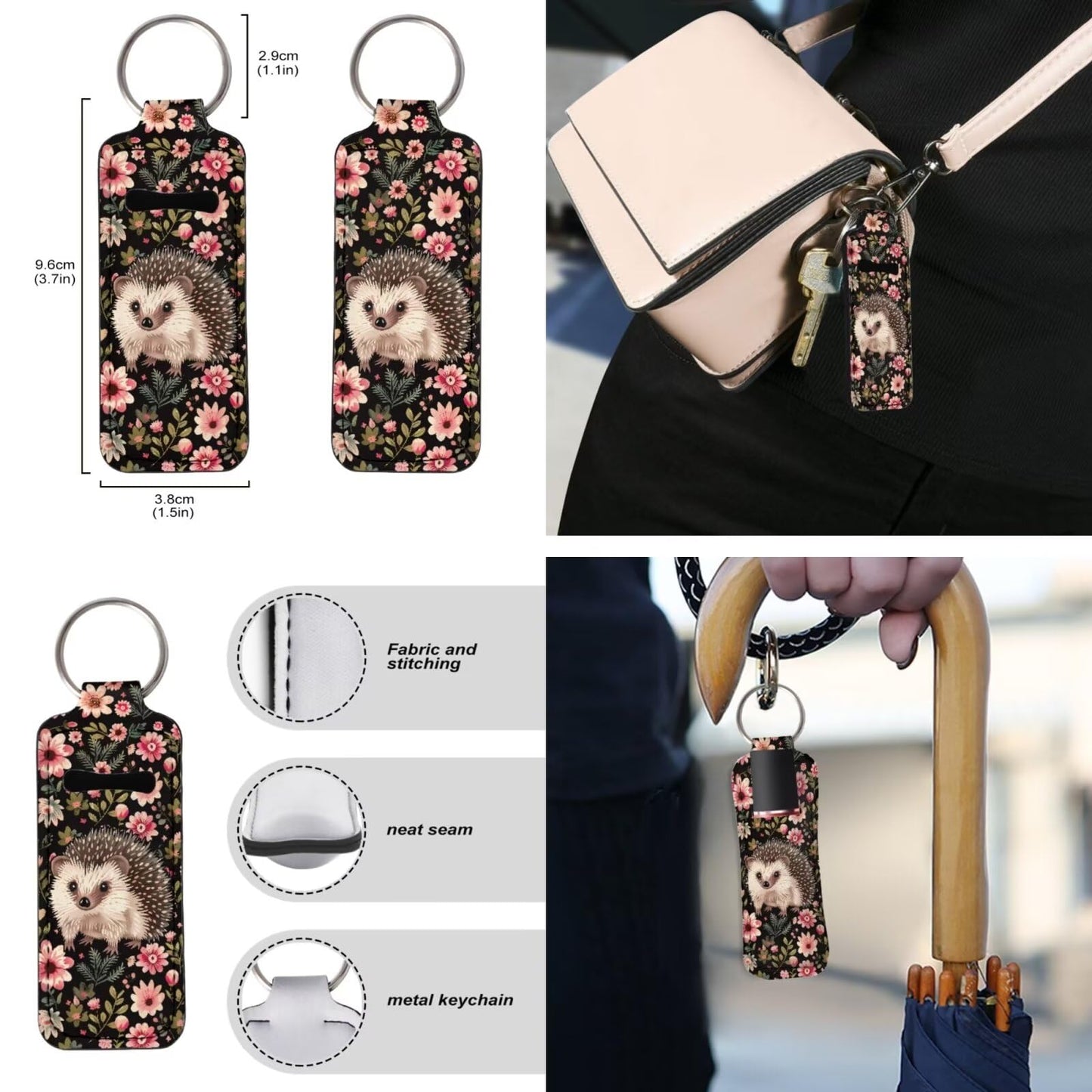 Suobstales Hedgehog Flower Print Travel Keychain Holders Kits, Travel Bottle Chapstick Lanyard Keychain Holders Set Neoprene Balm Holders Pouch Makeup Storage Organizer, Set of 3