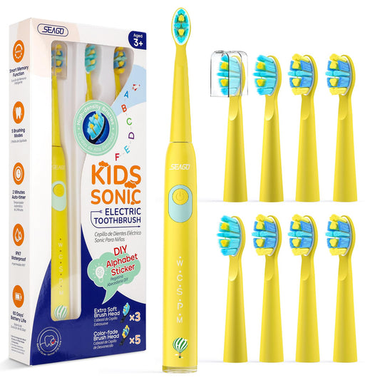 SEAGO Kids Electric Toothbrush, Rechargeable Sonic Soft Bristle Toothbrushes with 8 Brush Heads, DIY Stickers and 5 Modes, Ideal for Kids and Children, Ages 3–12(Yellow)