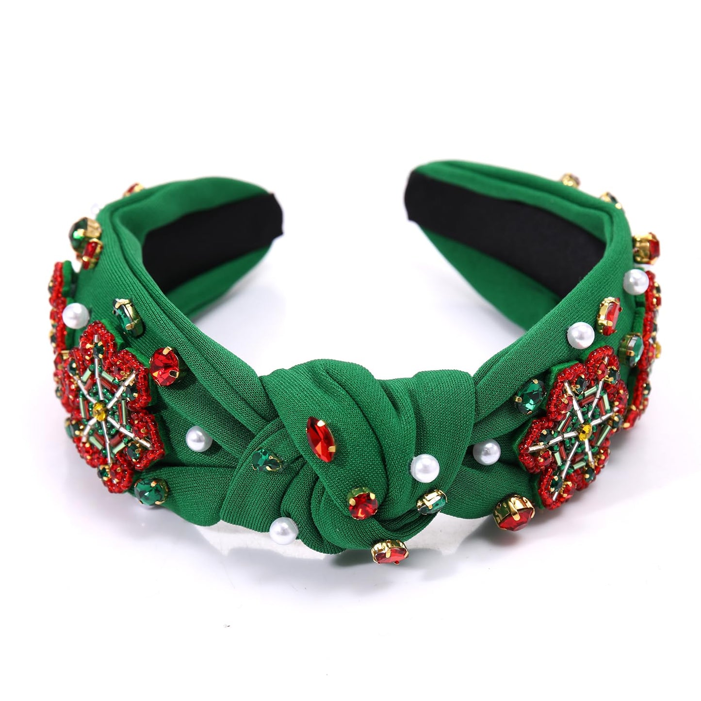 Christmas Headband Red Green Rhinestone Crystal Jeweled Knotted Heabdand Festive Holiday Wide Top Knot Hairband Headpiece Christmas Party Costume Accessories Gift (green Christmas snowflake headband)