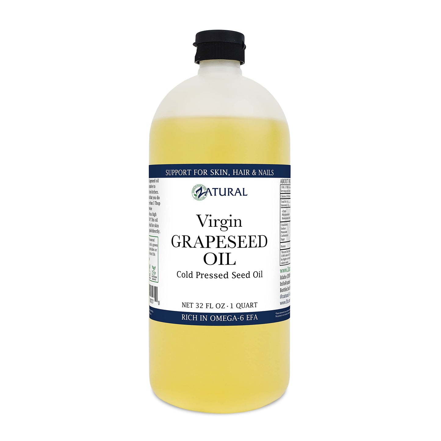 Zatural Grapeseed Oil Organically Grown 100% Pure Cold Pressed Virgin High Tempurature Cooking Oil (32oz)