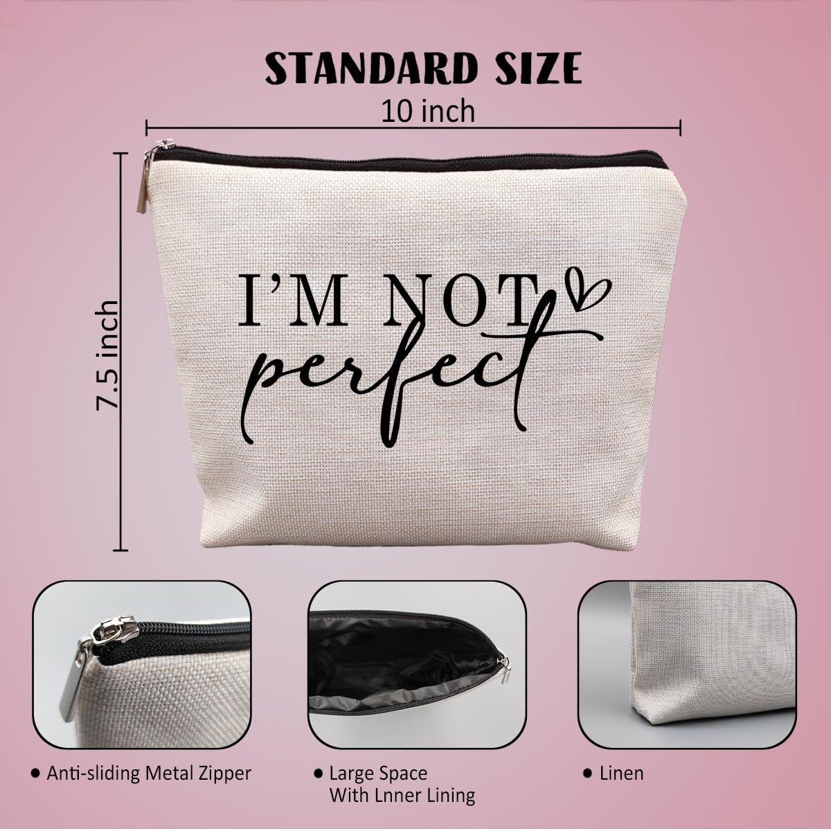 uinwk I'm Not Perfect I'm Limited Edition Canvas Makeup Bag, Inspirational Positive Gifts for Women Cosmetic Bag, Mental Health Gifts