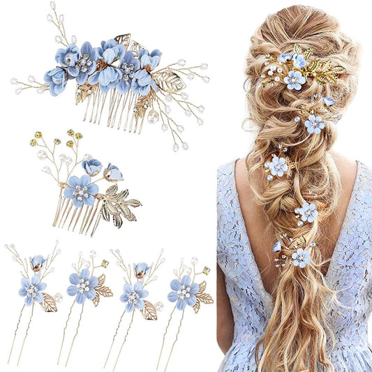 6 Pack Blue Metal Bride Wedding Flower Hair Side Comb + U-Shaped Flower Hairpin Ball Headwear Bride Bridesmaid Ladies Girl Wedding Hair Styling Accessories