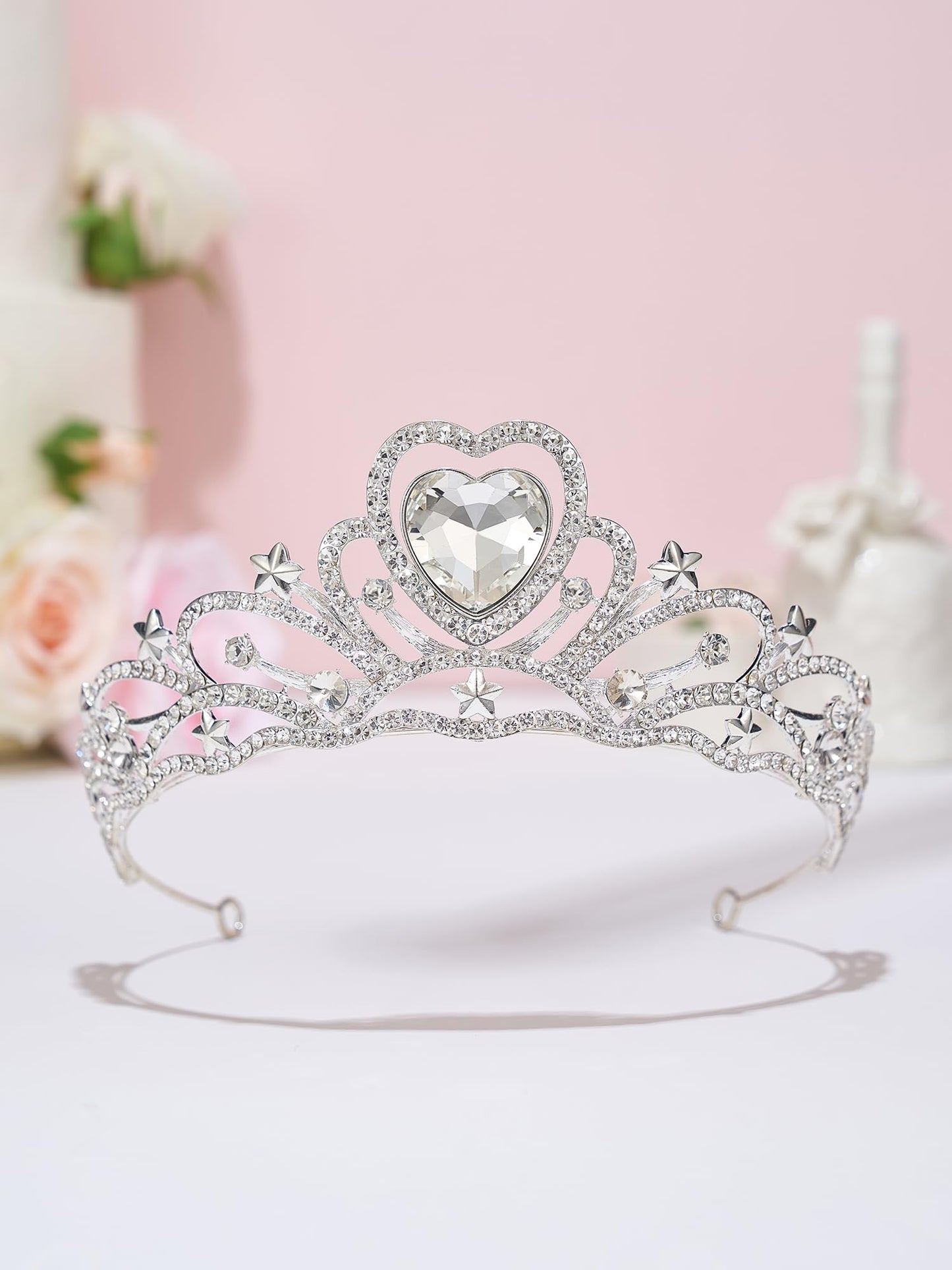 SWEETV Birthday Crowns for Women Girls Birthstone Heart Princess Tiara Silver Wedding Headpiece for Birth Day Party Photograph, Apr