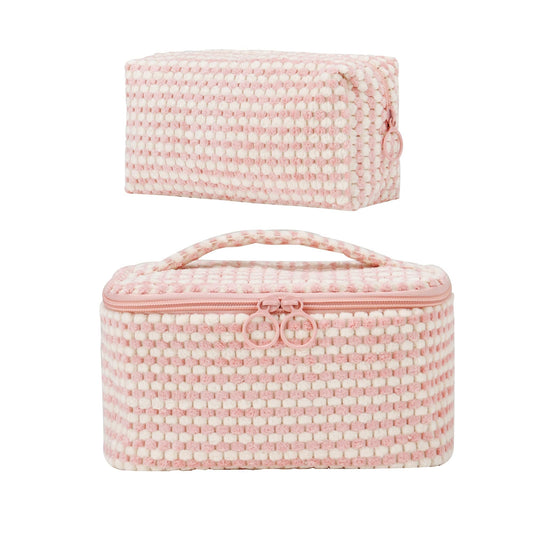 Yunhuy 2PCS Makeup Bag Comfy Cosmetic Bag Set for Women Girls,Large Capacity Travel Makeup Pouch,Toiletry Bag,Portable Makeup Organizer with Double Zipper (Pink)