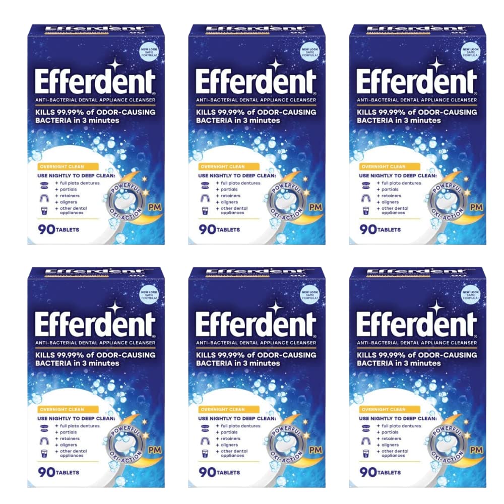 Efferdent PM Overnight Anti-Bacterial Denture Cleanser Tablets 90 ea (Pack of 6)