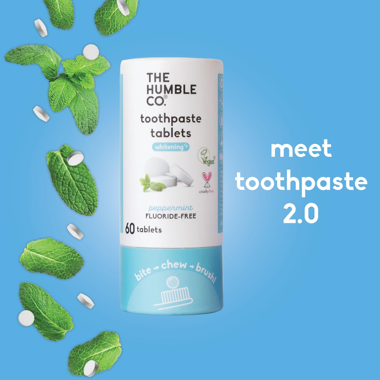 The Humble Co. Whitening Toothpaste Tablets – Fluoride Free Toothpaste Whitening Tablets, Dentist Developed Formula, Vegan, SLS Free, Plastic Free (Peppermint, 2 PK, 60 Tablets Each)