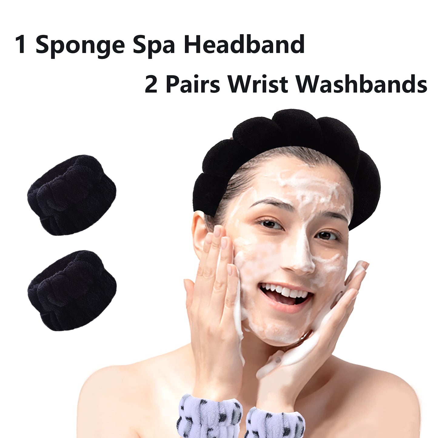 MOODKEY Sponge Spa Headband for Washing Face Women Makeup Headband with 4Pcs Wrist Washbands Hair Band Hair Accessories for Skincare Makeup Removal Yoga Sports Shower