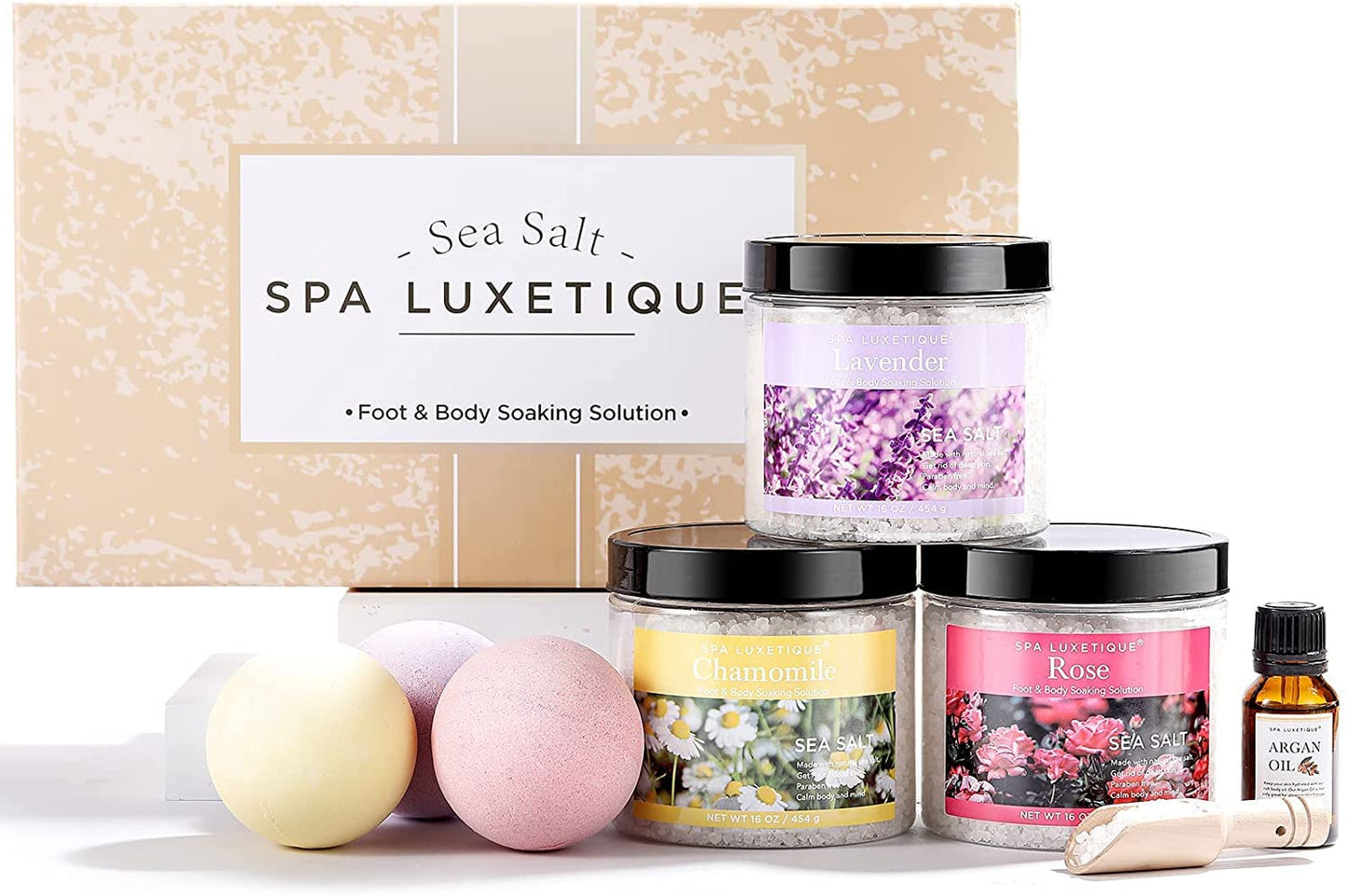 Bath Salts, Spa Luxetique 8pcs Bath Salts Gift Set with Argan Oil, Bath Bombs, Epsom Salt for Soaking in Lavender, Rose, Chamomile Scent Spa Gifts for Women Bath Set Christmas Gifts