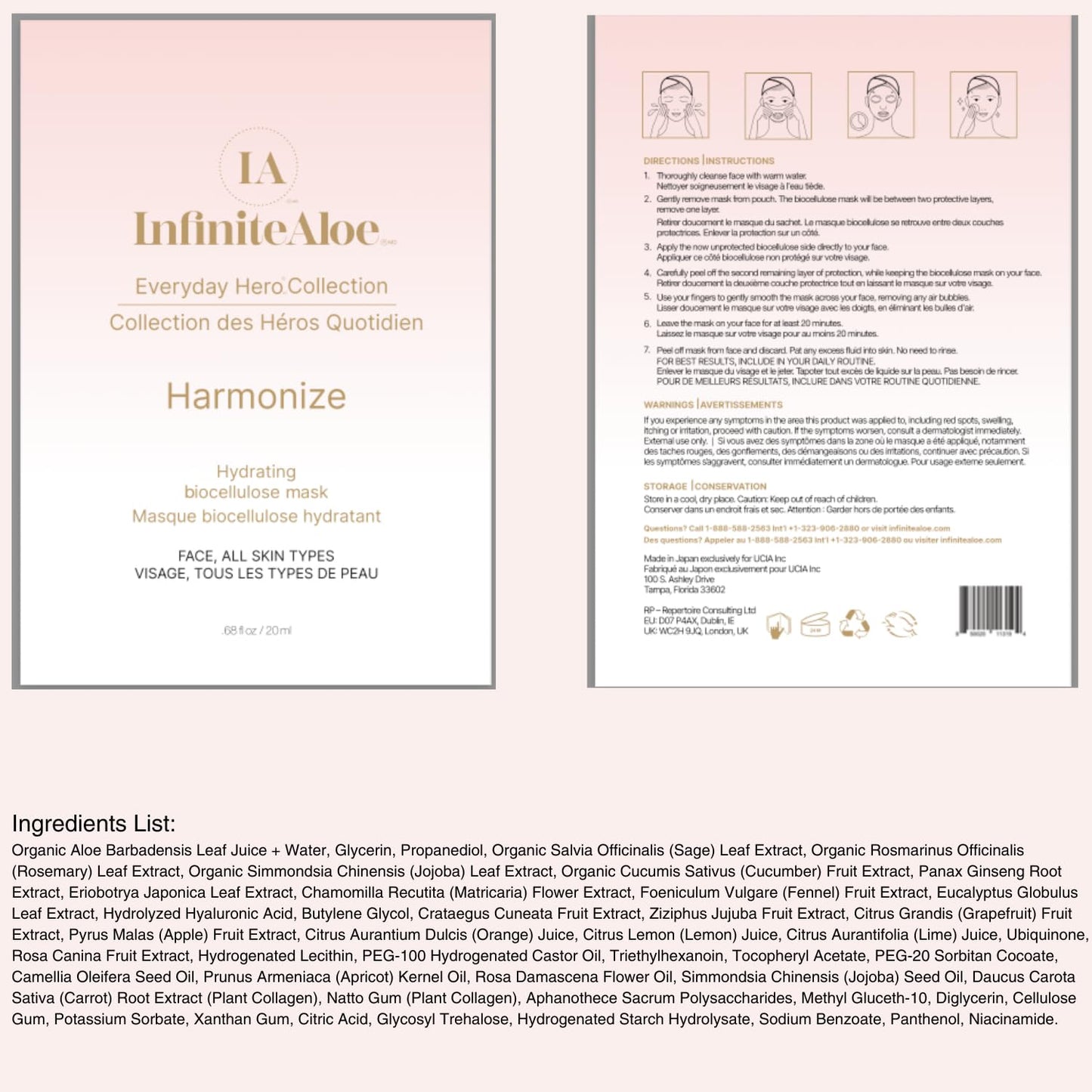 InfiniteAloe Biocellulose Fiber Face Mask, Everyday Hero Harmonize Hydrating Face Mask