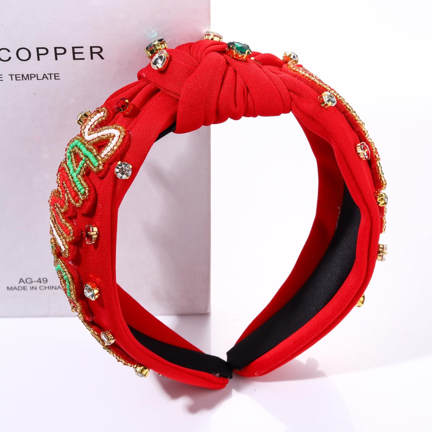 NVENF Christmas Headband for Women Jeweled Xmas Plaid Headband Embellished Crystal Pearl Knotted Headbands Wide Top Knot Holiday Headband Christmas Hair Accessories Holiday Outfits Gifts (CHRISTMAS)