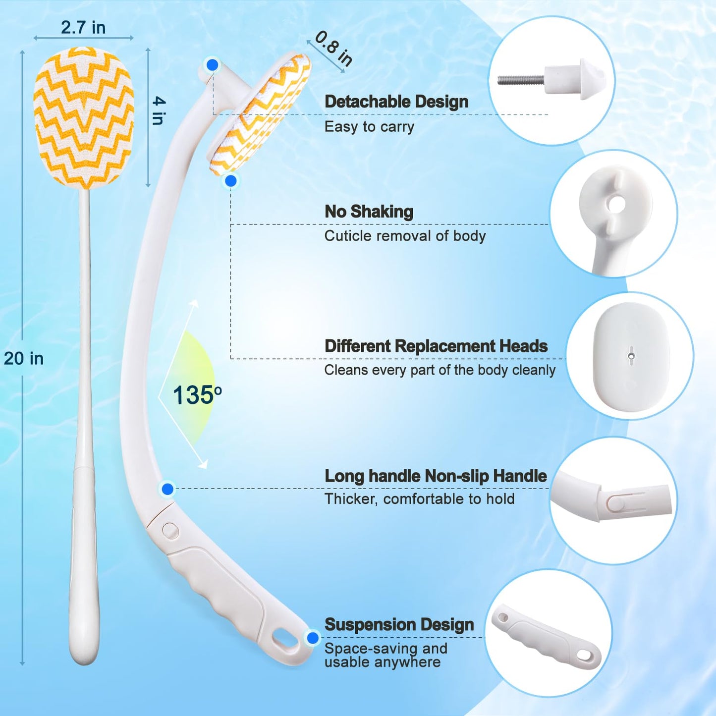 Celestite 20” Long Handle Shower Brush for Body, Back Scrubber for Shower with 3 Pcs Brush Heads, Exfoliation and Improved Skin Health Suitable for Women, Men, Elderly (Grey)