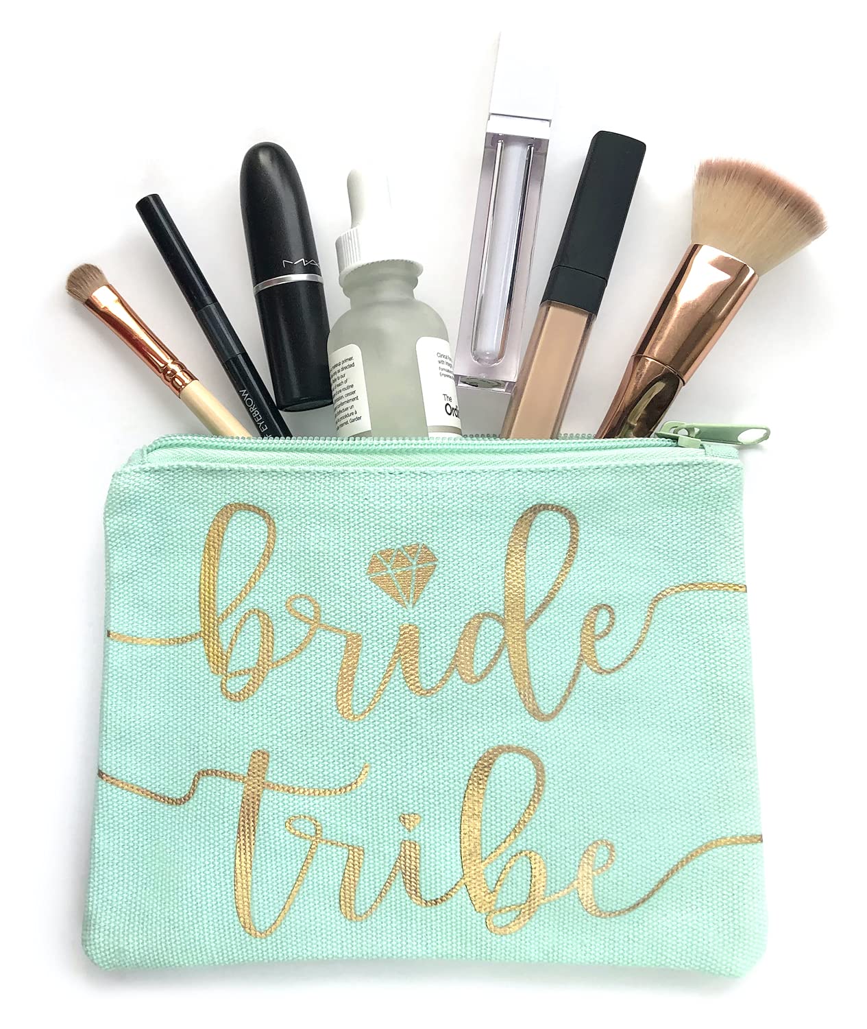 Bride Tribe Makeup Bags - Bridesmaid Favor for Bachelorette Party, Bridal Shower, Wedding. Cosmetics/Toiletries Bag, Wedding Survival Kit, Hangover Kit, Keepsake (1pc Bride Tribe, Mint)