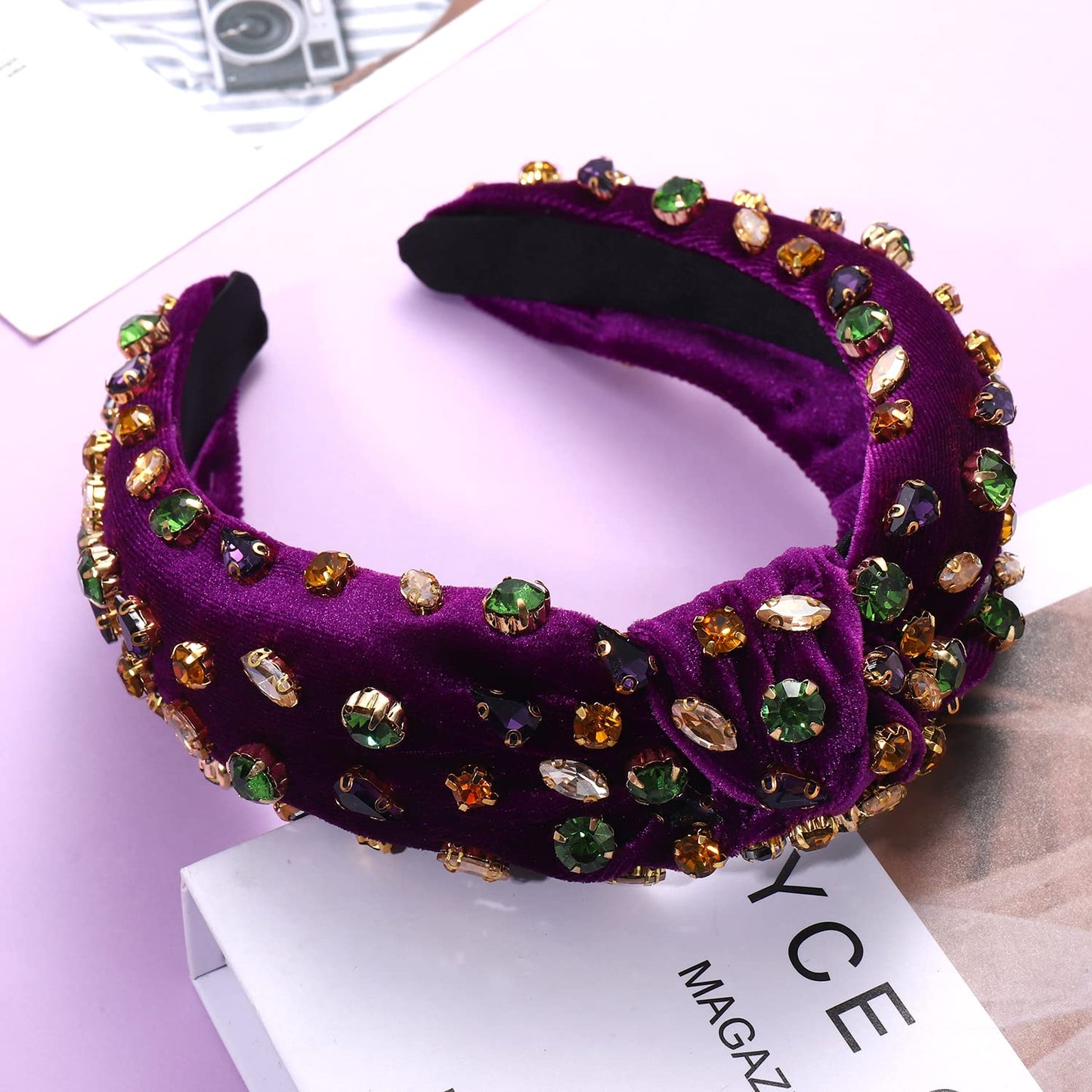 CENAPOG Mardi Gras Rhinestone Knotted Headband for Women Sparkly Crystal Embellished Hairbands Twist Turban Headband Elastic Wide Velvet Hair Hoop Party Wedding Headwear for Girls (Velvet Purple)