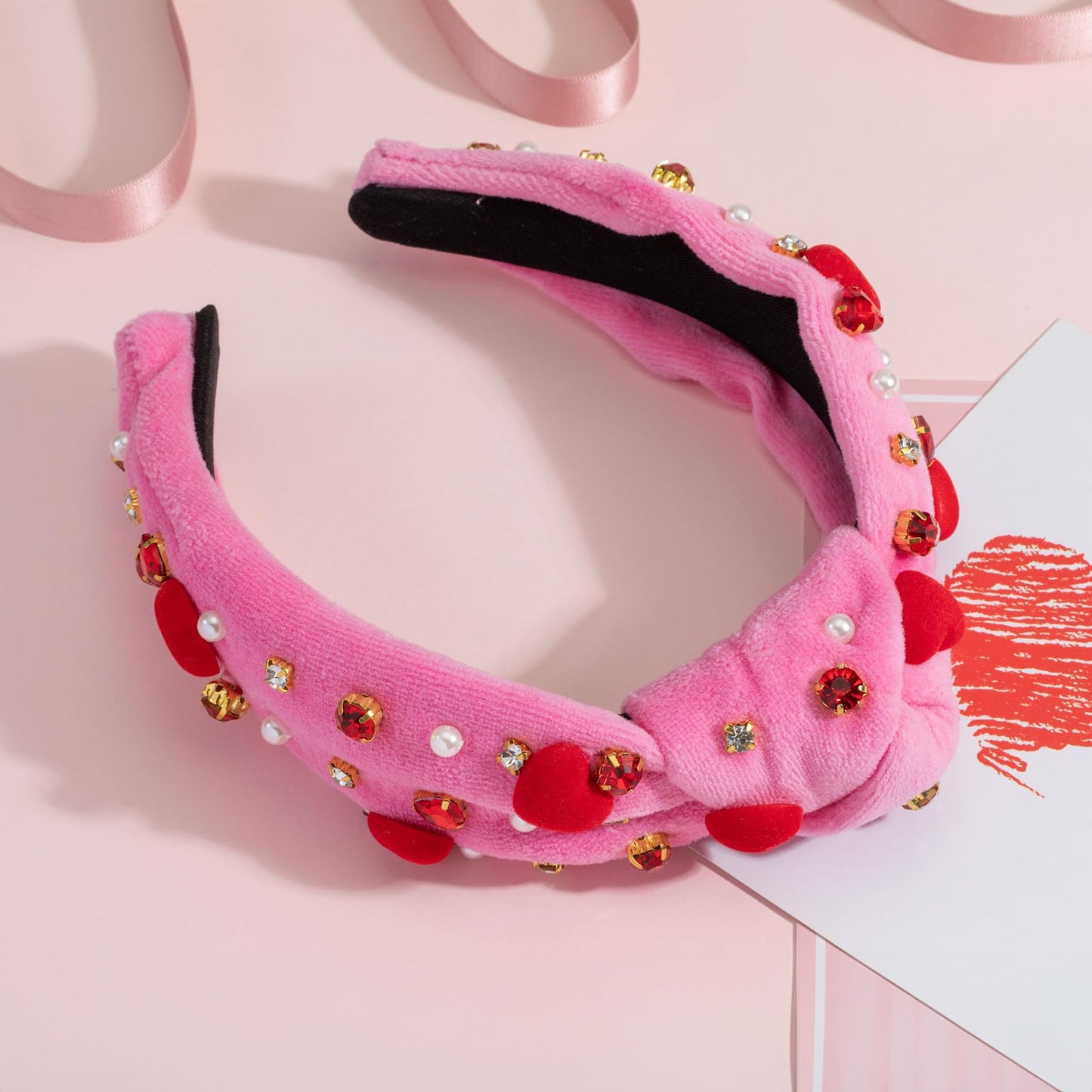 Valentine's Day Rhinestone headband for women Red Heart Love Charm Embellished Top Pink Hairband Twist Wide Hair Band (Valentine pink-red heart)