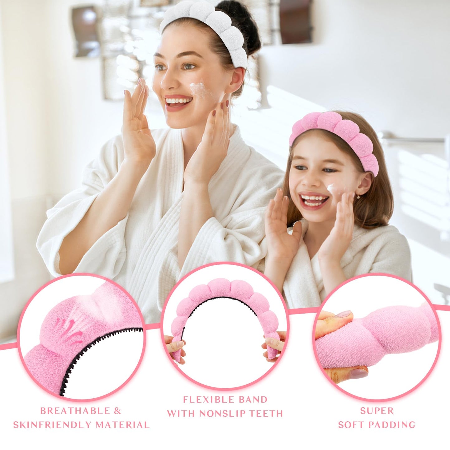 Wecoe 3pcs Skincare Headband For Washing Face Spa Headband with Teeth Makeup Face Wash Headband Cute Pink White Black Puffy Sponge Bubble Headband Hair Accessories For Women Girls Kids Teens Gifts