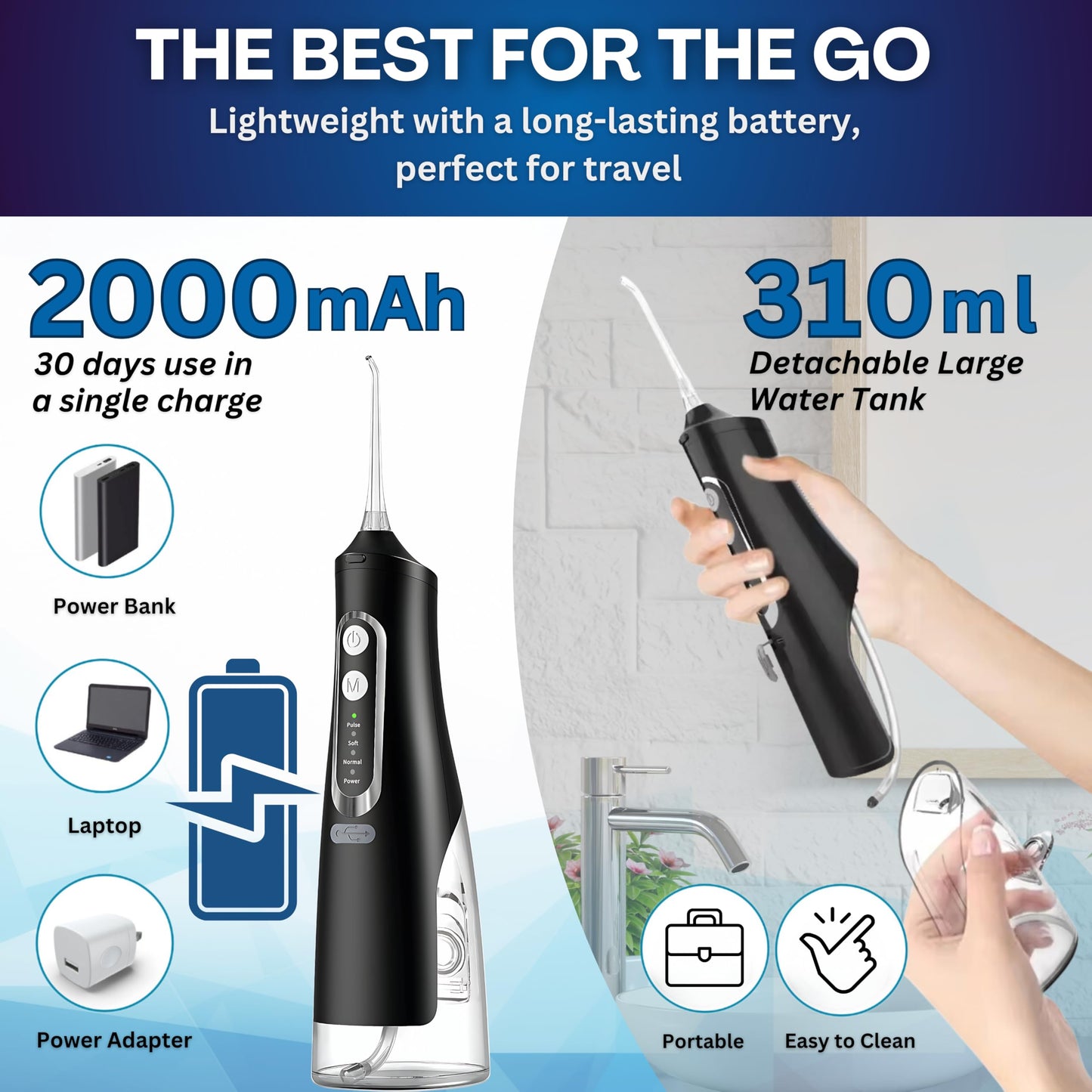 Dental Water Flosser Cordless, 310ML Electric Flosser Rechargeable with 4 Cleaning Modes & 6 Replaceable Jet Tips, IPX7 Waterproof Electric Waterflosser for Teeth Cleaning, Portable Oral Irrigator