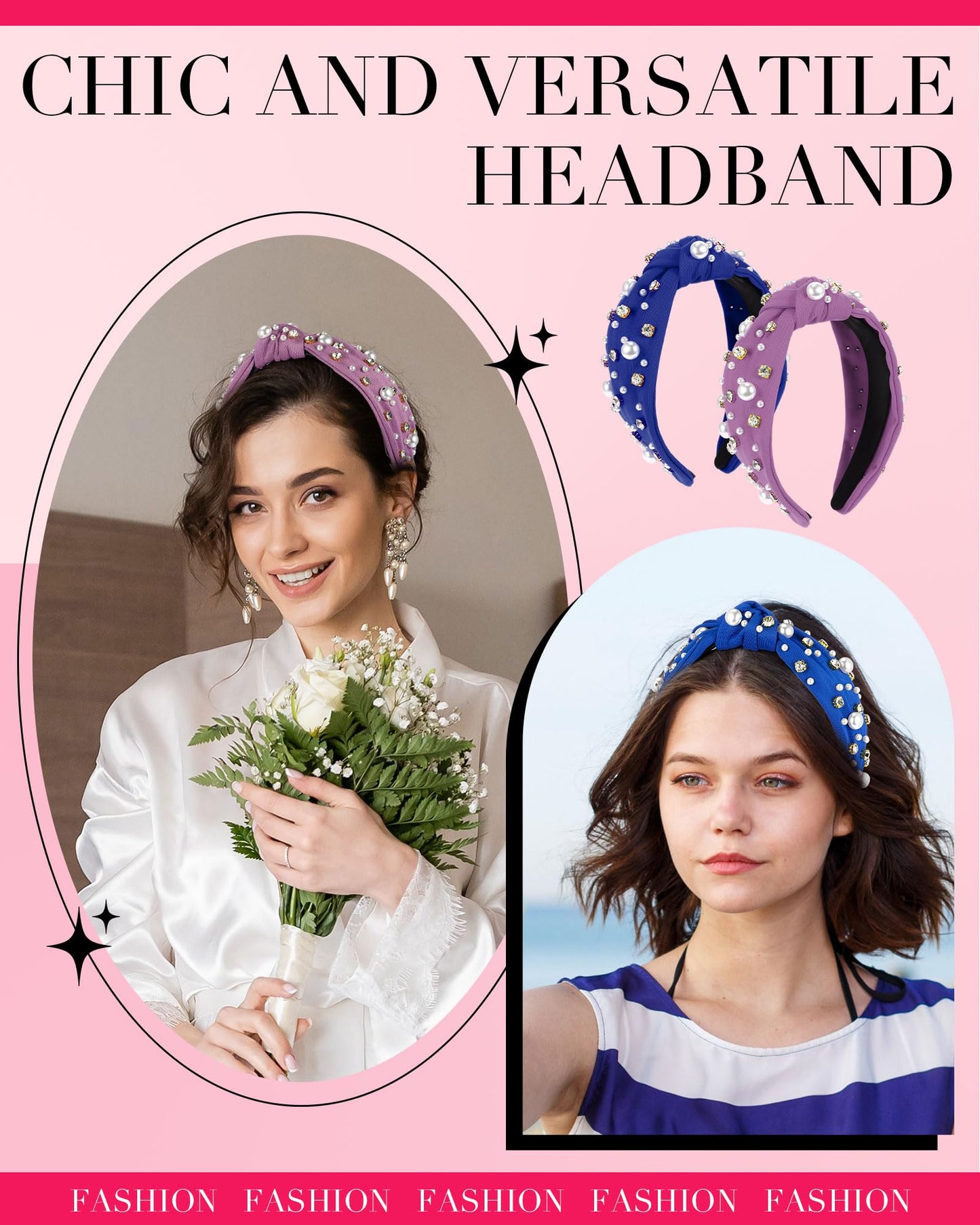 Riceshoot 4 Pcs Knotted Headbands with Pearl Rhinestone Crystal Jeweled Beaded Wide Top Headband Hairband for Women Ladies Girls Gift(Royal Blue, Purple, Hot Pink, Black)