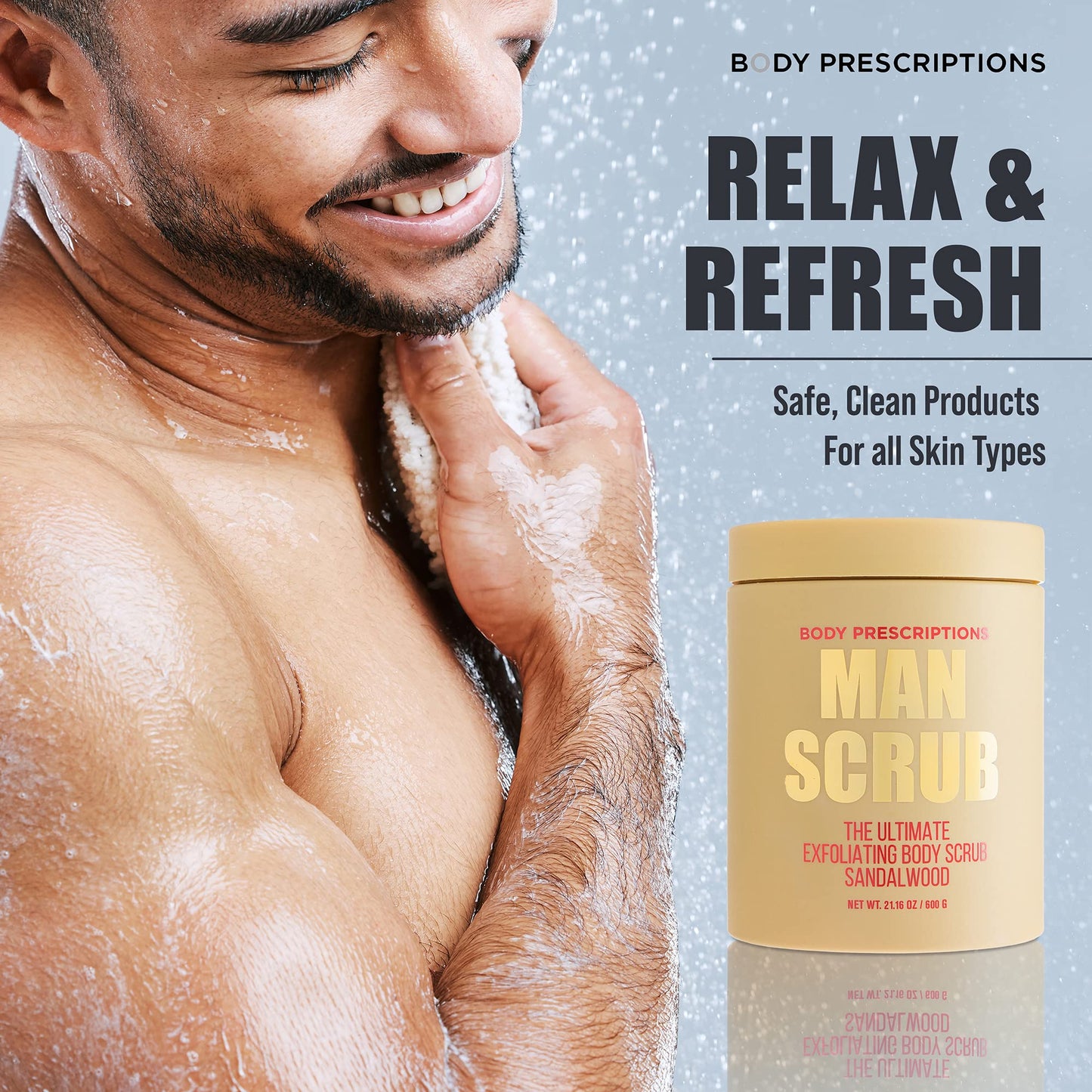 Body Prescriptions Men’s Exfoliating Body Scrub – Ultimate Skin Cleansing Wash in Jar with Twist-Top Lid, For All Skin Types, 21 Ounce (Pack of 2), Sandalwood