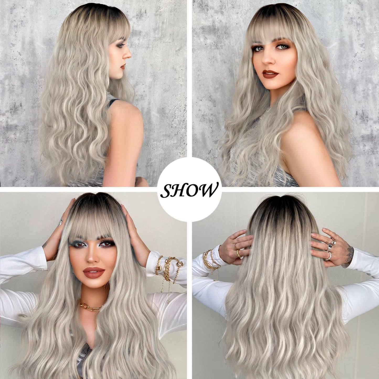 Singolas Platinum Blonde Wig with Bangs Shoulder Length Body Wave Long Curly White Platinum Blonde Wigs for Women Dark Root Blonde Hair Wigs 20 Inch, 1.0 Count