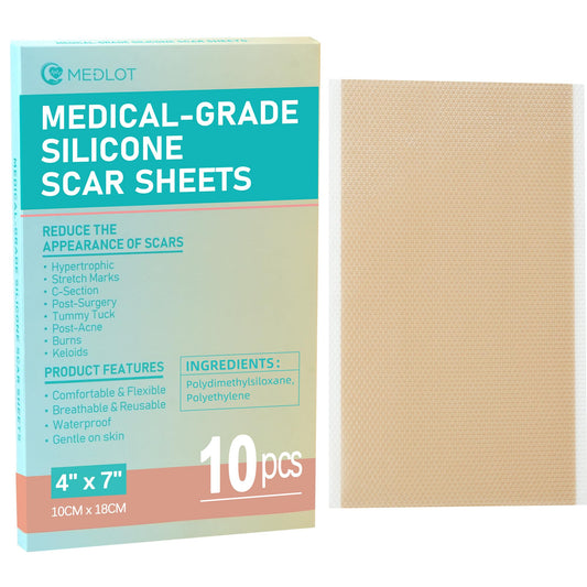 MEDLOT Silicone Scar Sheets, Large 10Pcs 4” x 7” Each, Medical Silicone Tape for Scar Treatment, Scar Patches for C-Section, Keloid Bump, Stretch Marks, Burn, Acne, Surgical Scar Removal