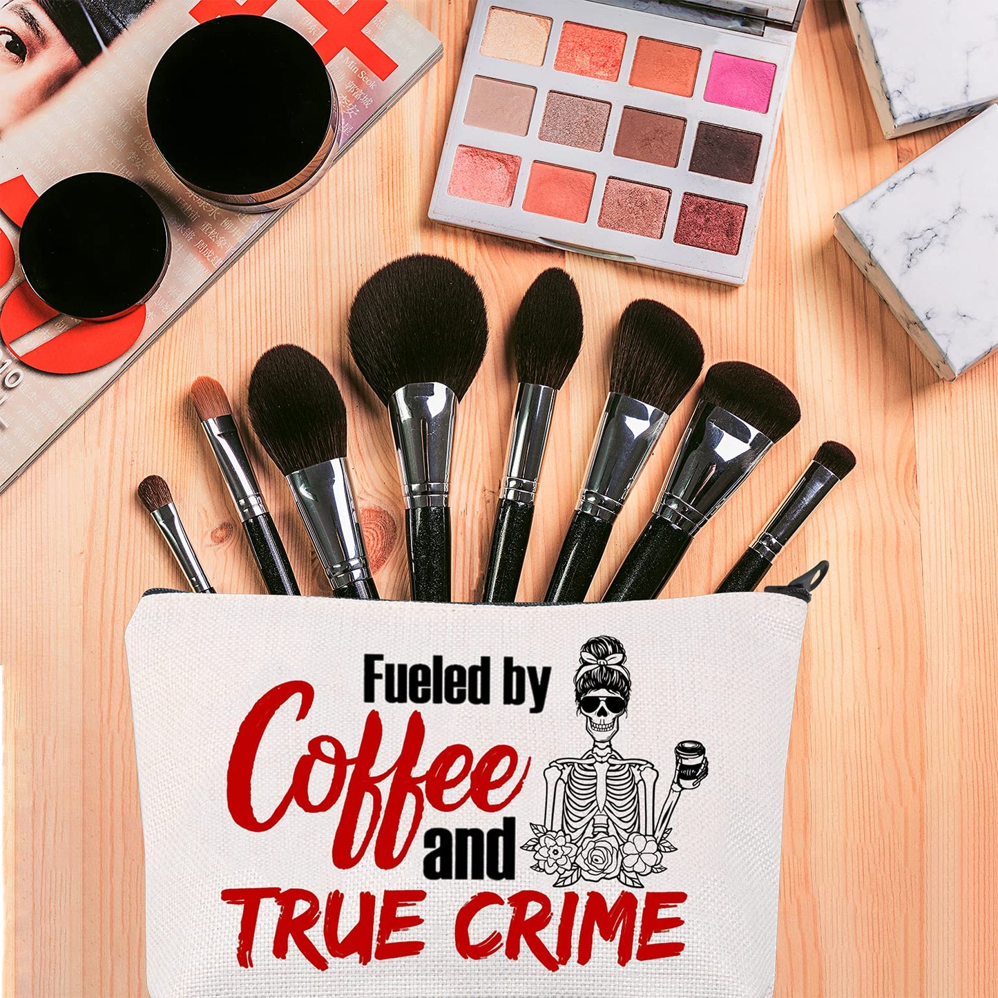 G2TUP True Crime Junkie Gift Fueled by Coffee and True Crime Makeup Bag Cosmetics Bag Crime Show Gift Murder Show Travel Bag