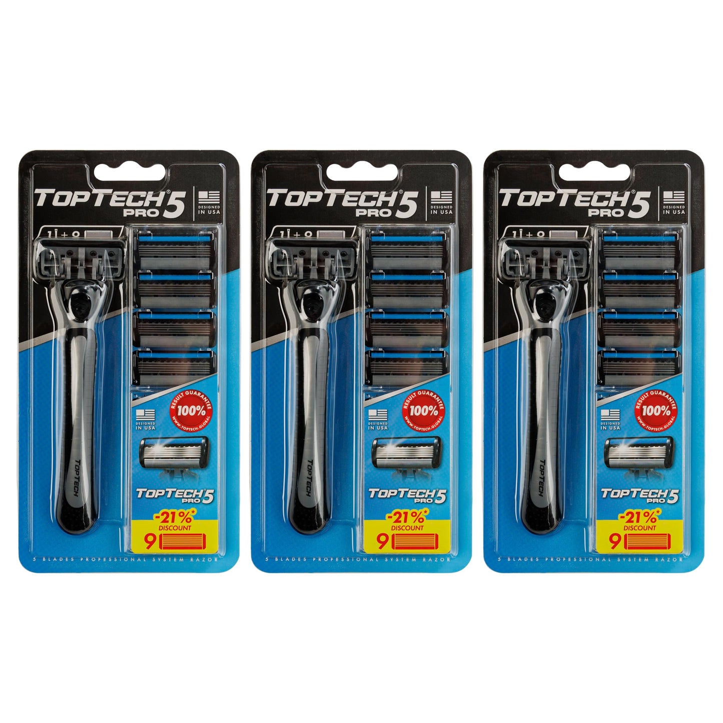 TopTech PRO 5 Razors for Men Trio Set - Manual Shaving Razors & Refills - 30 Count Pack (3 Handles + 27 Replaceable Cartridges) - 5-Blades Technology - Soft Shave & Sharp Blades - Great Refill Price