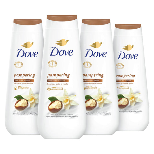 Dove Body Wash 4 Count Pampering Shea Butter & Vanilla for Renewed, Healthy-Looking Skin Gentle Skin Cleanser with 24hr Renewing MicroMoisture 20 oz