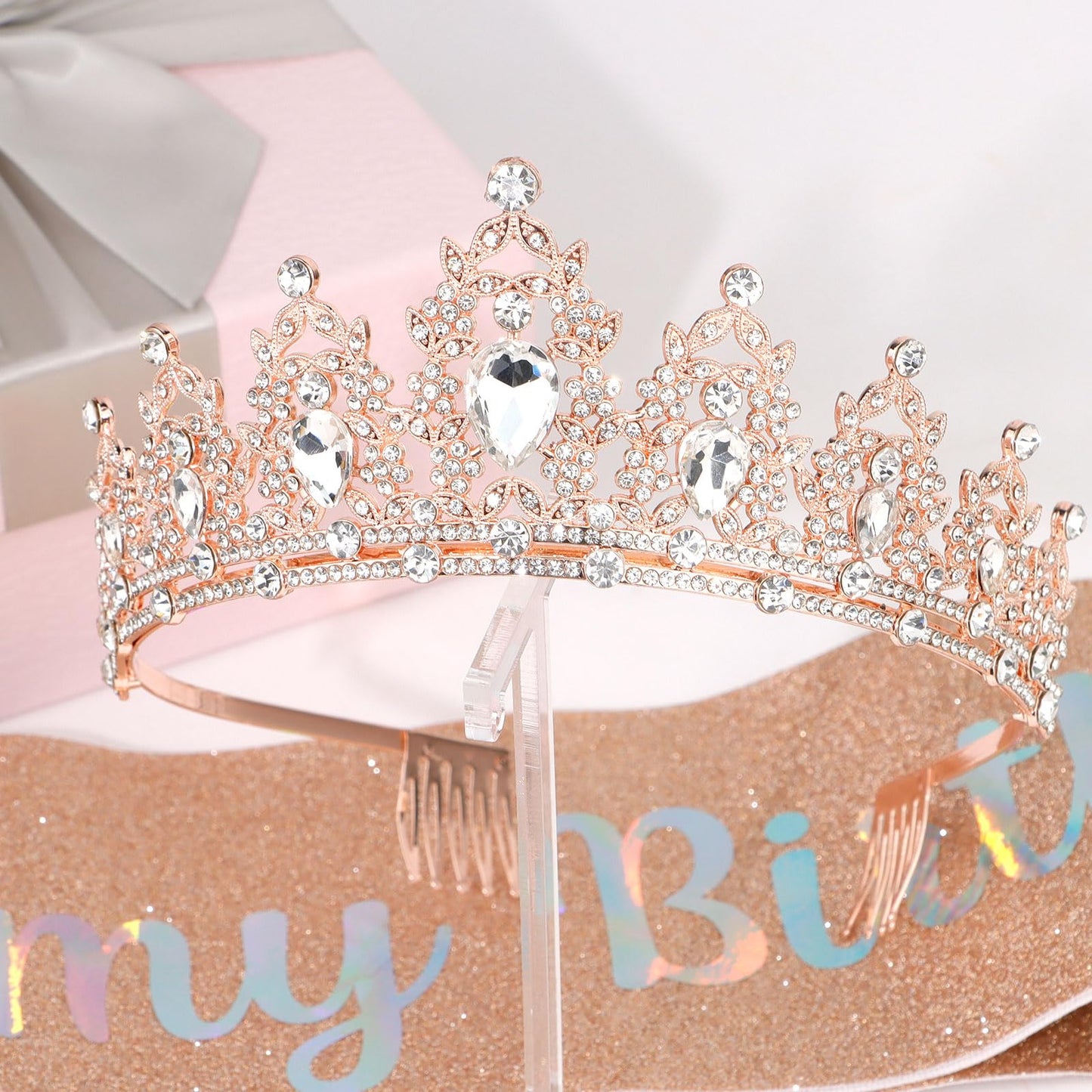 AMCAMI Rose Gold Birthday Crowns for Women Birthday Sash for Women Tiaras and Crowns for Women Princess Crown Happy Birthday Crown and Sash Bridal Wedding Prom Party Gift