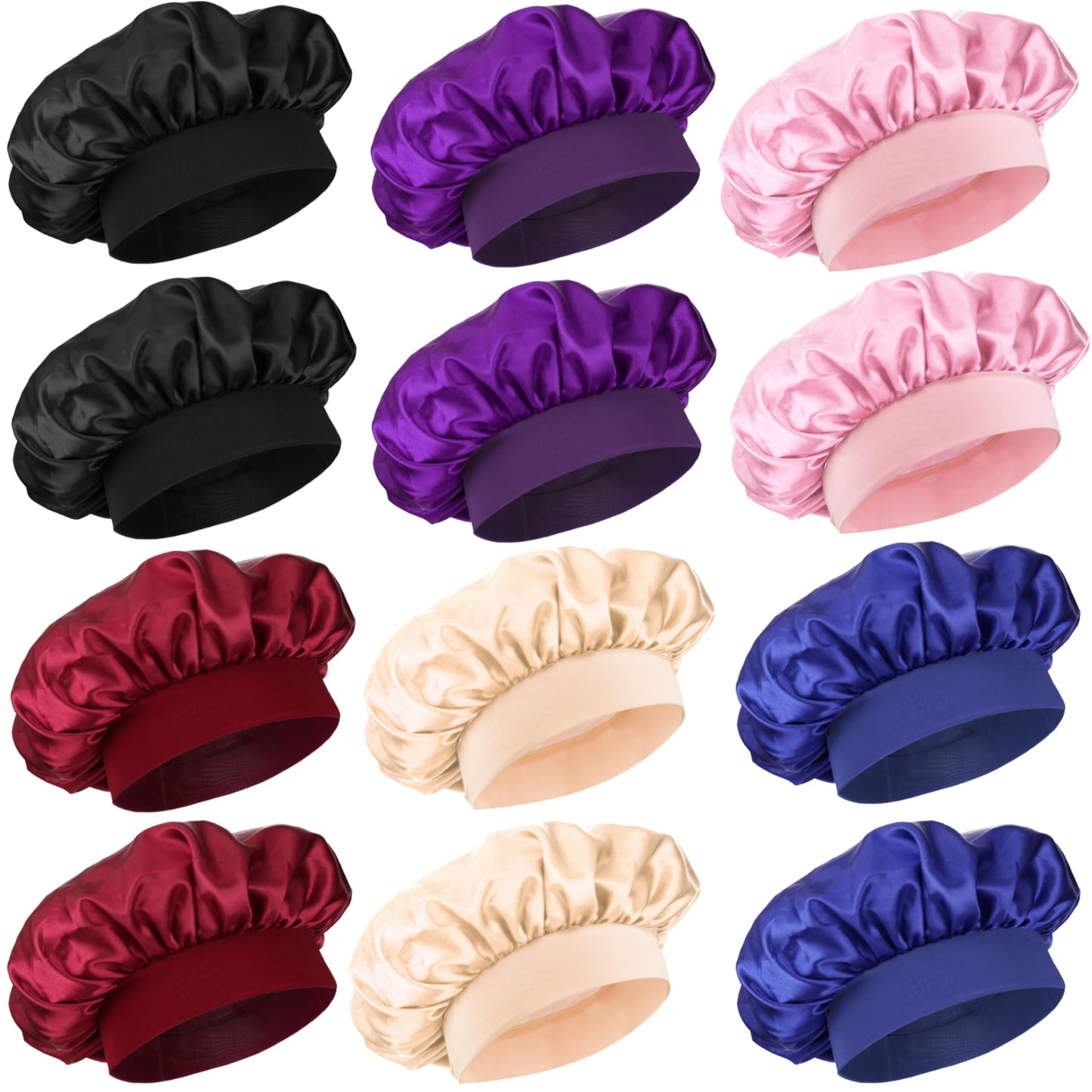 12 Pieces Silk Bonnet for Women Curly Hair Satin Bonnet Hair Wrap for Sleeping Cap with Tie Band (Multicoloured2)