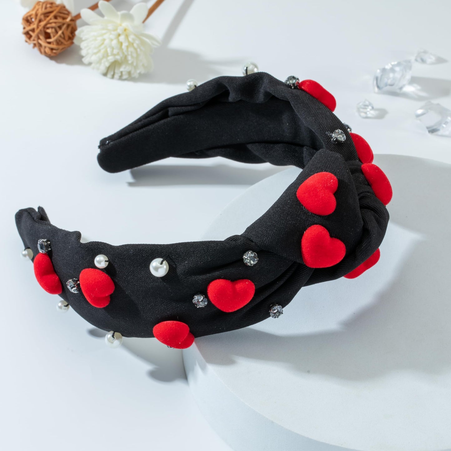 Valentine's Day Rhinestone headband for women Red Heart Love Charm Embellished Top Black Hairband Twist Wide Hair Band (Valentine -black)